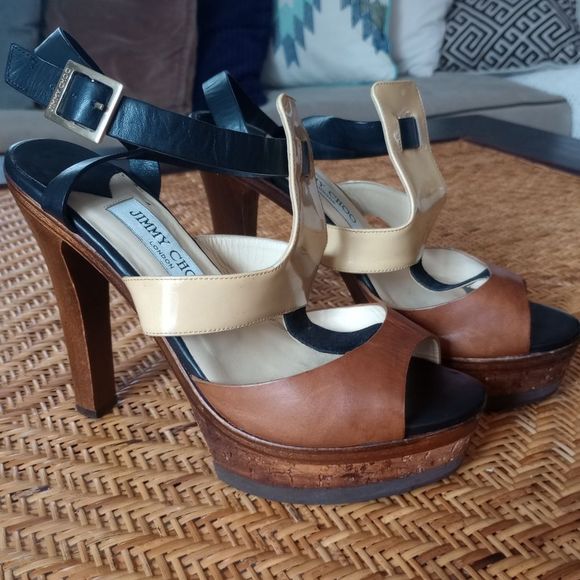 JIMMY CHOO VACHETTA, SUEDE AND PATENT LEATHER WOODEN SLINGBACK HEELS - Picture 2 of 2